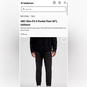 Lululemon ABC Slim-Fit 5 Pocket Pant 30"L Utilitech - size 34 waist (brand new)